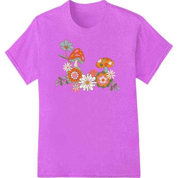 Colorful illustration of mushrooms with floral designs, perfect for DTF printing and heat transfers on custom apparel.