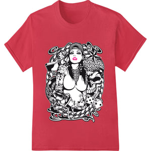 Tattoo-style illustration of an alluring woman in black and white for DTF heat transfer printing on apparel