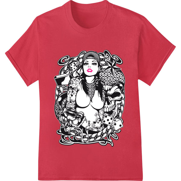 Tattoo-style illustration of an alluring woman in black and white for DTF heat transfer printing on apparel