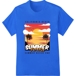 Bright and colorful beach scene design with palm trees, sun, and waves, perfect for a California summer vibe DTF print.