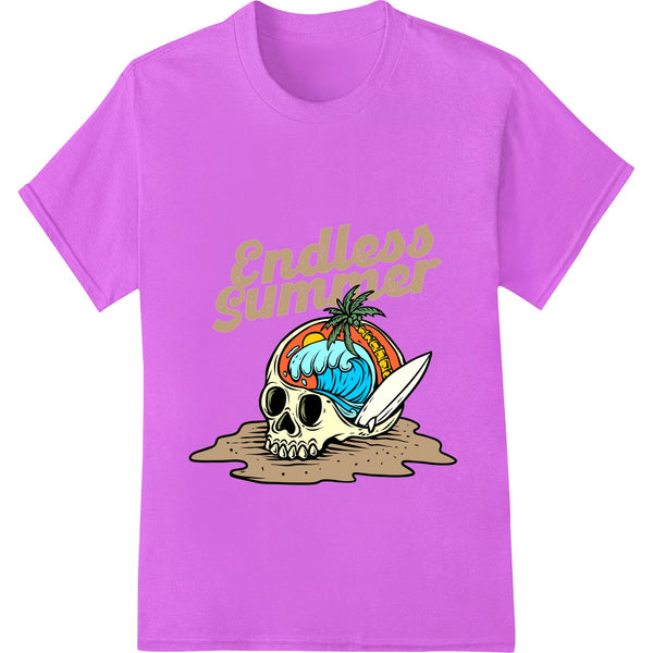 Colorful skull design with beach and summer motifs on a black background - perfect for DTF prints and heat transfers.