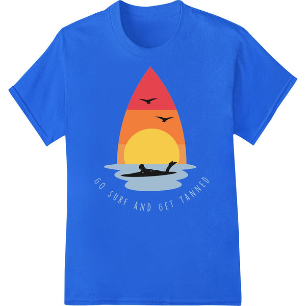 Colorful surf and sunset design suitable for heat transfer printing onto t-shirts, tanks, bags, and more apparel.