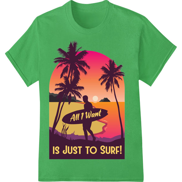 Vibrant tropical sunset scene with surfboards and palm trees, perfect for heat transfer prints on t-shirts and apparel.