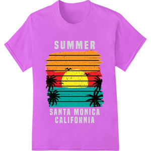 Colorful DTF print featuring a vivid Santa Monica beach sunset with palm trees and ocean waves in the background