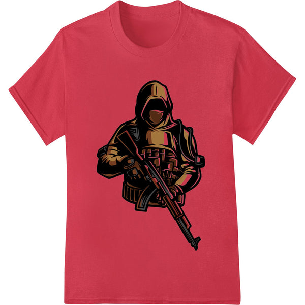 Fierce black and red assassin graphic illustration with swords and shadowy figure for DTF heat transfer printing