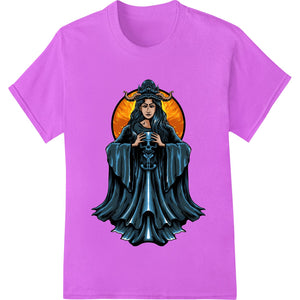 Dramatic gothic fantasy artwork of a mysterious woman with long dark hair, printed using direct to film heat transfer...