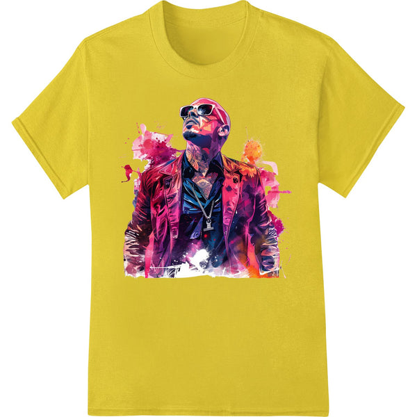 Digital art portrait of an enigmatic man with vibrant colors and stylish clothing, showcasing DTF heat transfer printing.