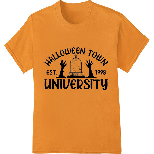 Vintage-style black t-shirt with orange and purple Halloween Town University graphic and pumpkin and ghost illustrations