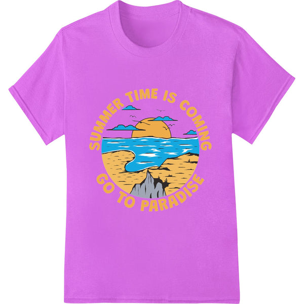 Colorful summer beach scene DTF heat transfer print featuring palm trees, beach umbrella and sunset in shades of orange and...