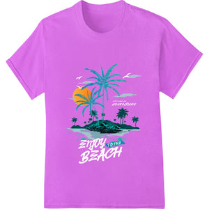 Tropical island getaway design featuring palm trees, beach scene, and vibrant colors for DTF heat transfers and custom...