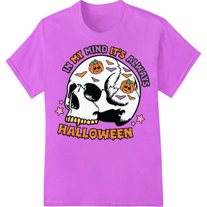 Colorful DTF print design featuring a skull surrounded by pumpkins, bats, and spiderwebs for Halloween-themed apparel.