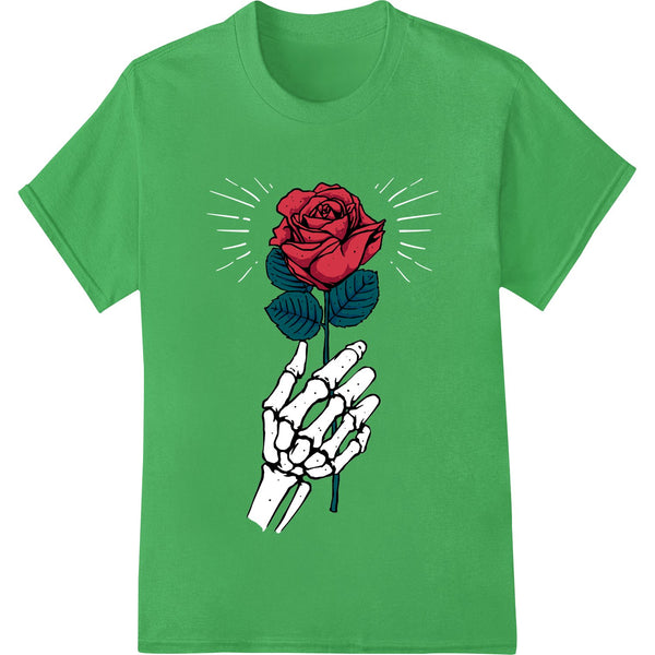 DTF heat transfer print of a skeletal hand delicately holding a vivid red rose against a black background