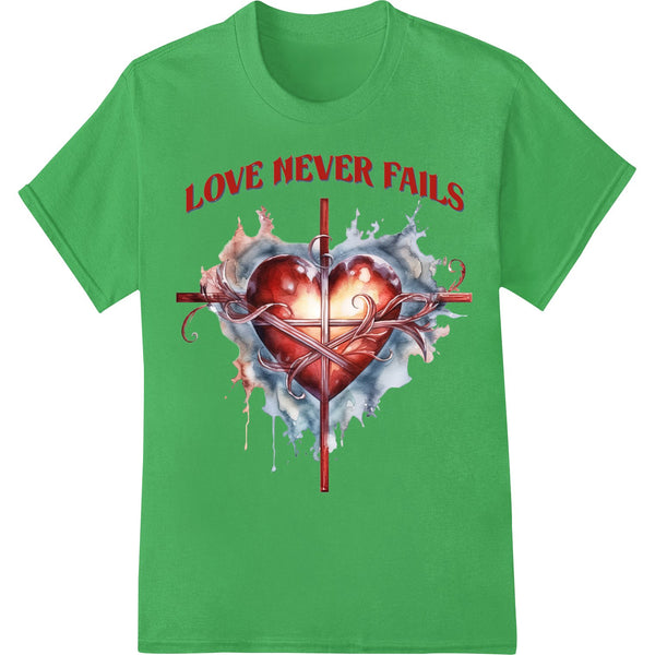 Watercolor design featuring a heart with a cross in the center, with the words 'Love Never Fails' printed below