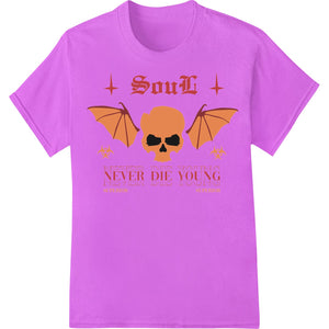 Detailed illustration of a skull with wings in a gothic style, suitable for direct to film heat transfer printing on apparel.