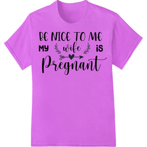 A t-shirt design with a cartoon image of a man kneeling and pleading, with text 'Expecting Dad's Plea: Be Nice to Me, My...