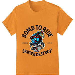 Graphic design of a bomb with 'Bomb to Ride' text, skateboard wheels and grungy textures for DTF printing on apparel.