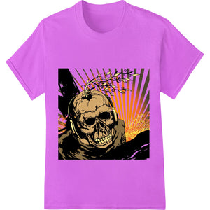 Explosive skull sunburst design art in orange, black and white for DTF heat transfer printing on t-shirts and apparel.