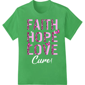 Pink leopard print background with butterfly and 'Faith Hope Love' text graphic, DTF heat transfer print for custom t-shirts