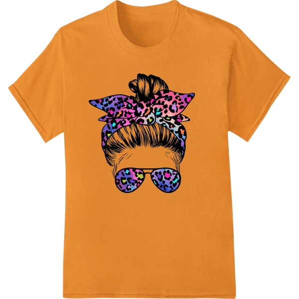 Neon Leopard Print Messy Bun Girl in Retro Shades - SUPERDTF - DTF Prints - DTF Transfers - Custom DTF Prints