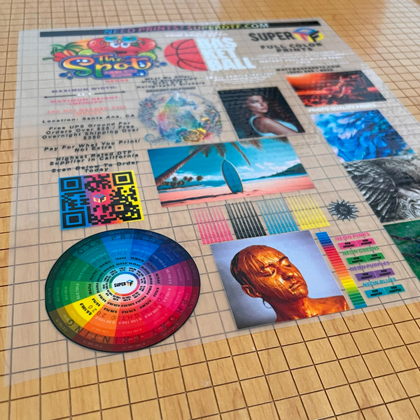 Color swatch and printed materials on a grid surface