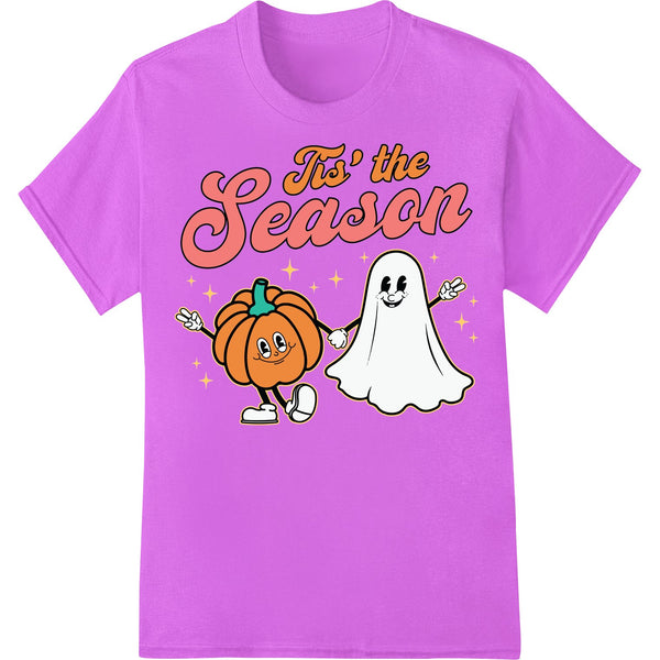 Digital heat transfer design featuring a cute cartoon ghost and jack-o-lantern pumpkin against an orange background for...